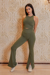 Flared Front Split Leggings- Khaki
